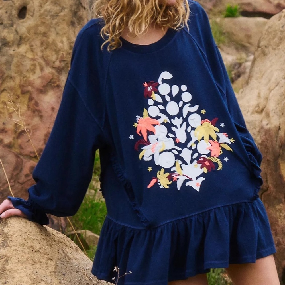 Free People Navy Floral Embroidered Sweatshirt Dress